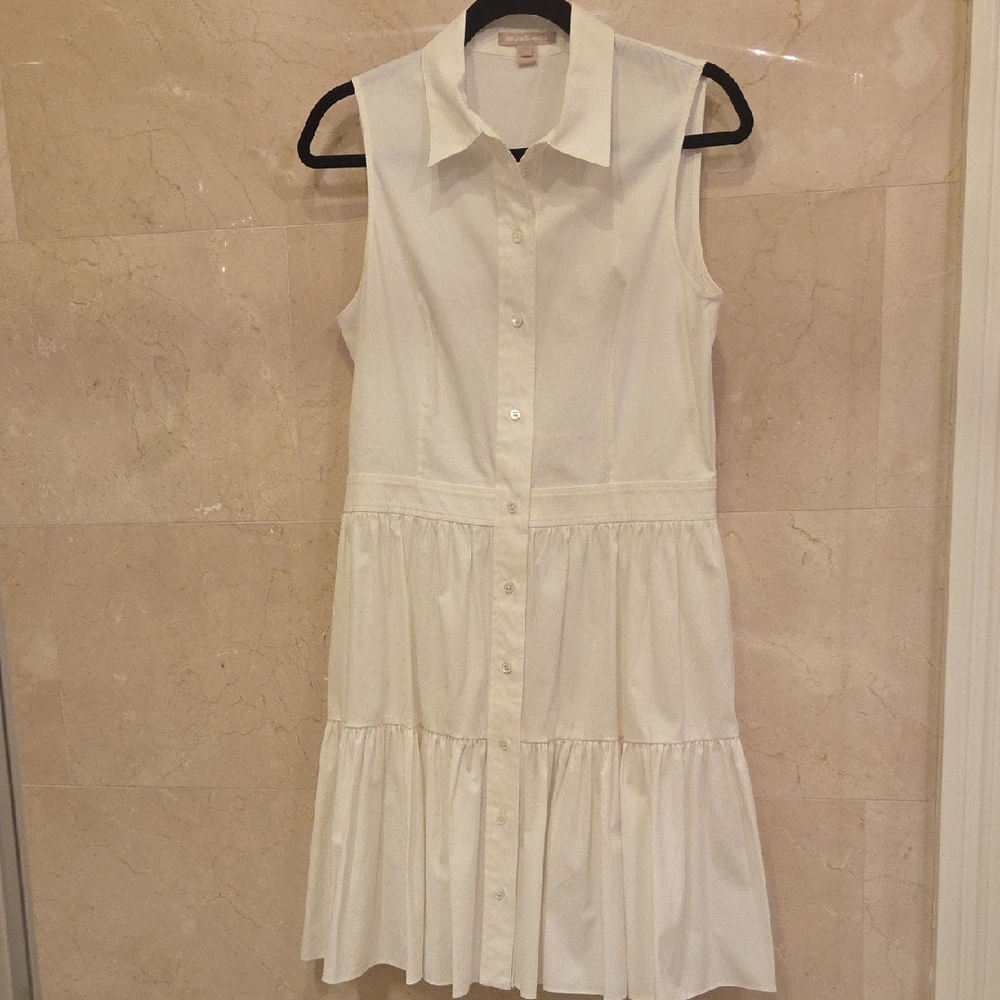 WOMEN'S MICHAEL KORS WHITE COLLARED SMOCKED BUTTON DOWN SHIRT DRESS $190 Sz 12